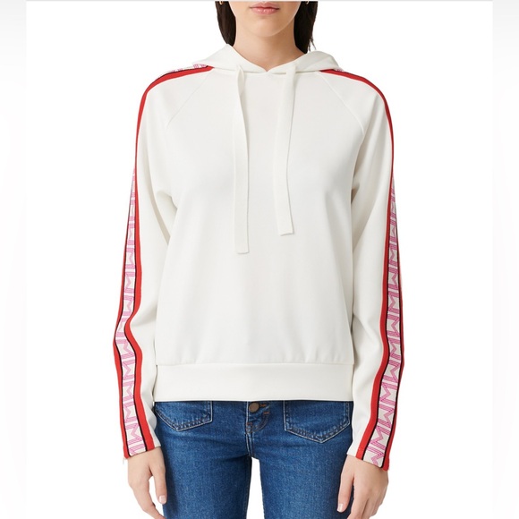 Maje Tops - Maje Terrasse Neoprene  White Hoodie with Red Stripes and Pink Logo